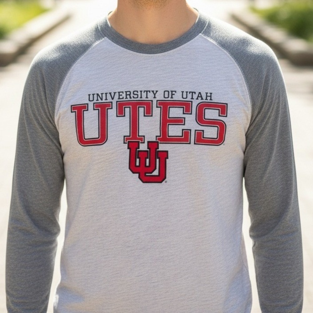 Champion University of Utah Utes Raglan Long Sleeve Shirt Mens Medium Grey‎ Red